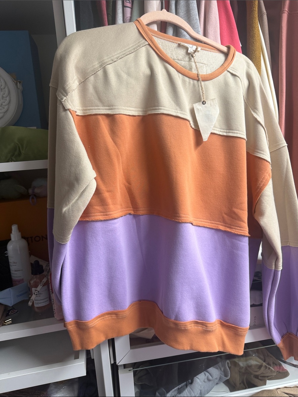 easel Colorblock Crewneck Sweater in Cream, Orange & Lavender